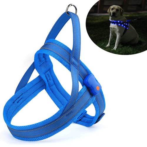 Anti-pull dog harness with LED light and reflector