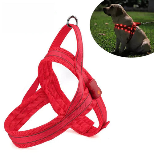 Anti-pull dog harness with LED light and reflector