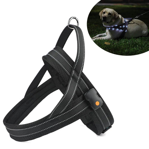 Anti-pull dog harness with LED light and reflector