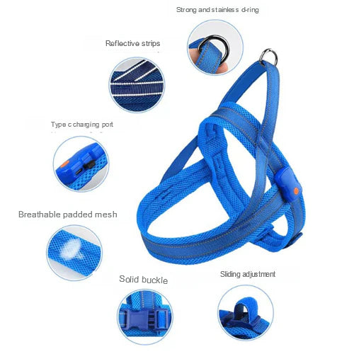 Anti-pull dog harness with LED light and reflector